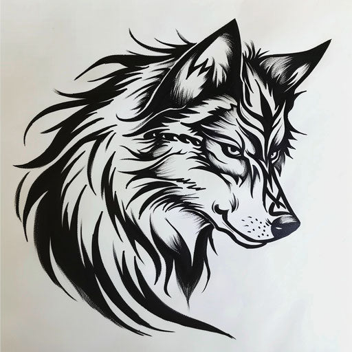 Dynamic tattoo sketch of an obsidian wolf in tribal style