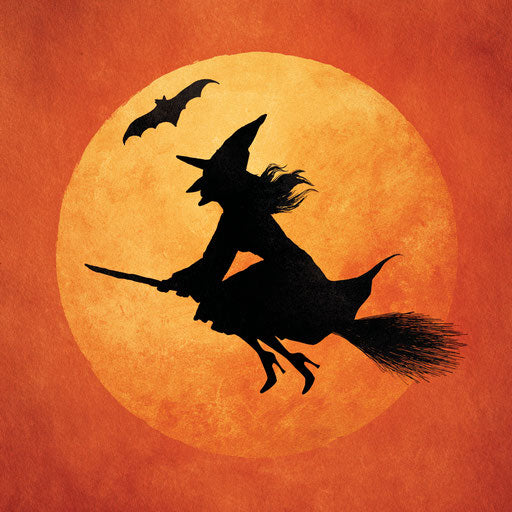 Witch on a festive orange moon silhouette