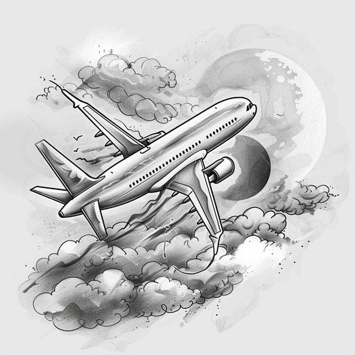 Eerie flat tattoo sketch of a ghostly plane emerging from clouds, muted white and gray, clipart style