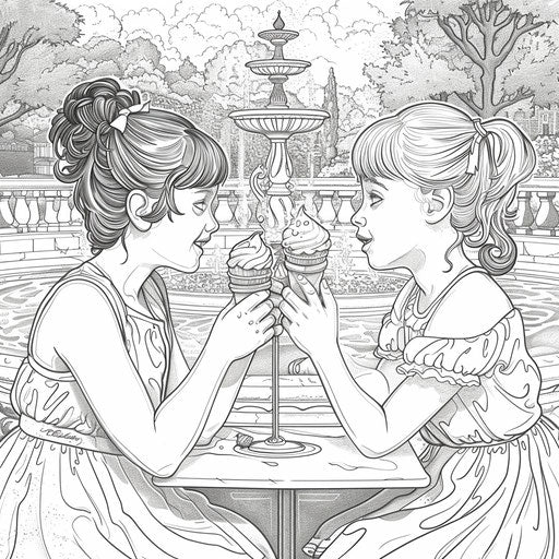 A whimsical scene of buddies sharing an ice cream sundae