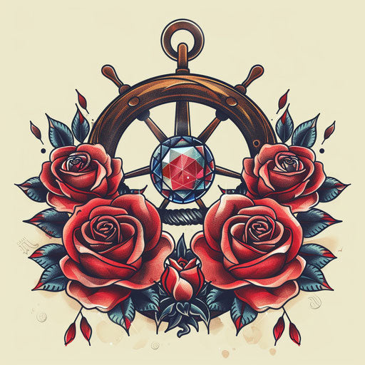 Traditional tattoo sketch of a ruby with classic sailor rose, clipart style