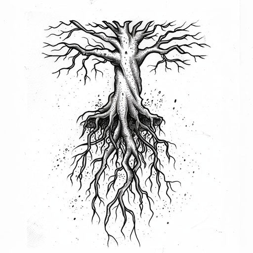 Energetic flat tattoo sketch of dynamic roots breaking through the soil