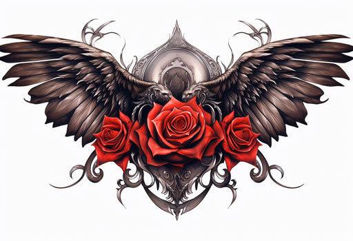 Red rose and wings on white background, ornate style