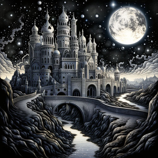 Castle in intricate psychedelic landscape, monochrome