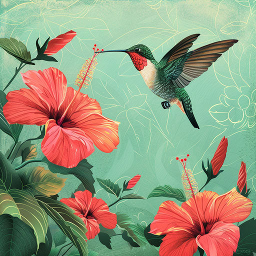 Hummingbird hovering above bright hibiscus flowers