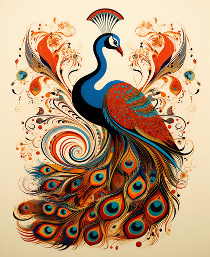 Peafowl bird with long tail, Oriental design style