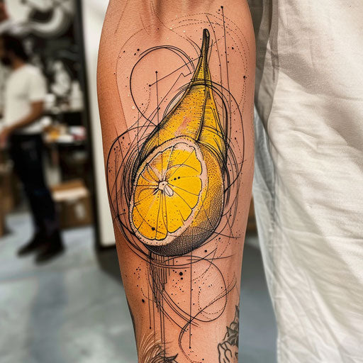 Flat tattoo sketch of a lemon with dynamic swirling lines representing scent
