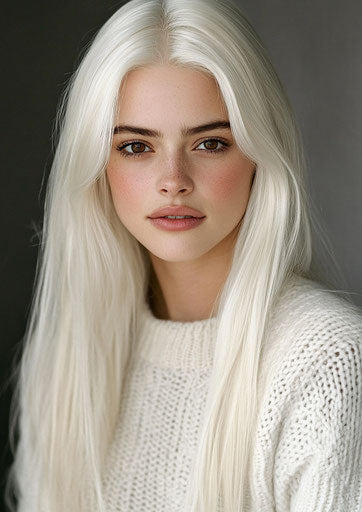 Elegant woman in white sweater, round face, platinum hair, brown eyes, soft smile. Headshot photo.