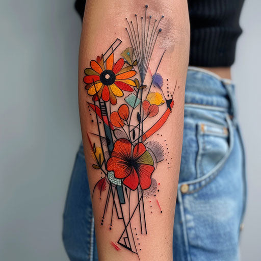 Wildflower tattoo with geometric shapes and vibrant colors
