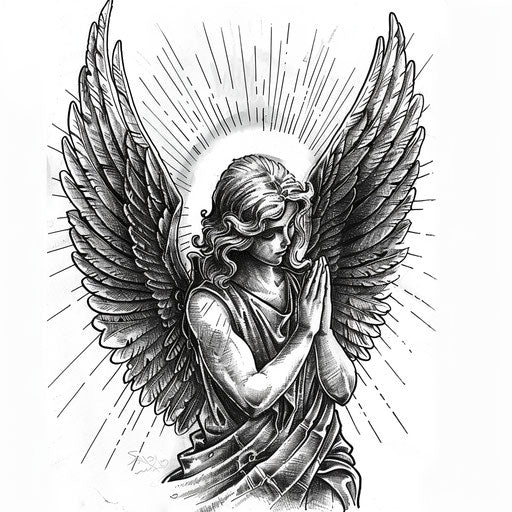 Guardian angel praying with light rays, detailed tattoo on white background
