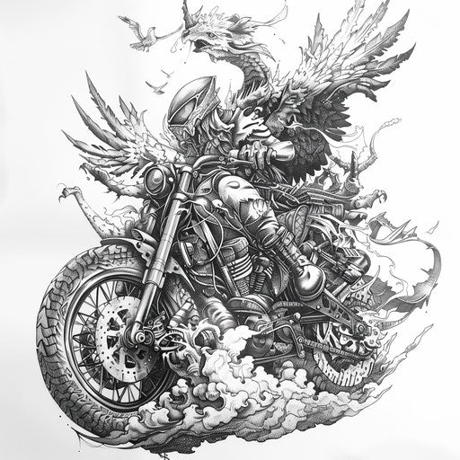 Fantasy themed motorcycle tattoo design with mythical creatures and mystic bike