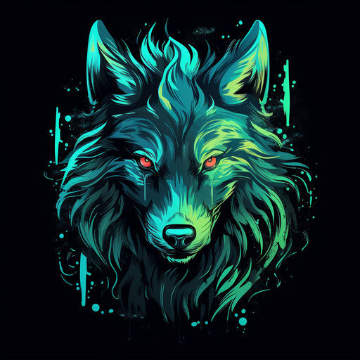 Luminous wolf illustration on black background, neo-pop style