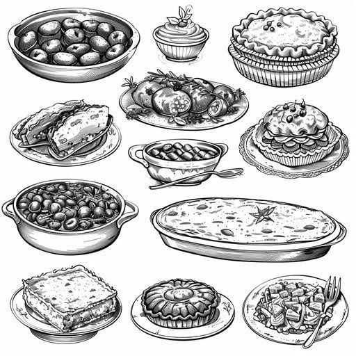 Potluck staples (casseroles, salads, pies) in black and white clipart