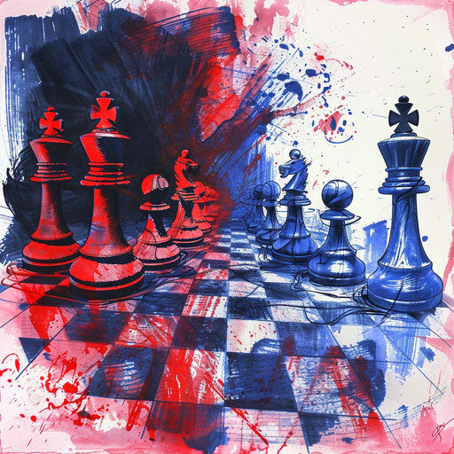 Vibrant sketch of a chessboard in the midst of a game, blue and red