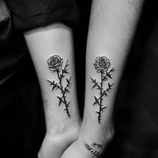 Small matching tattoos of roses and thorns in the style of Ami James
