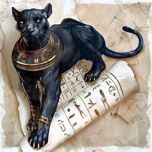 Ancient Egyptian style panther tattoo on white papyrus scroll