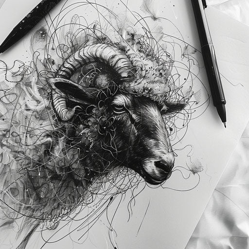 Black sheep with cosmic patterns, tattoo sketch