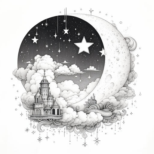 Crescent and stars in a whimsical drawing