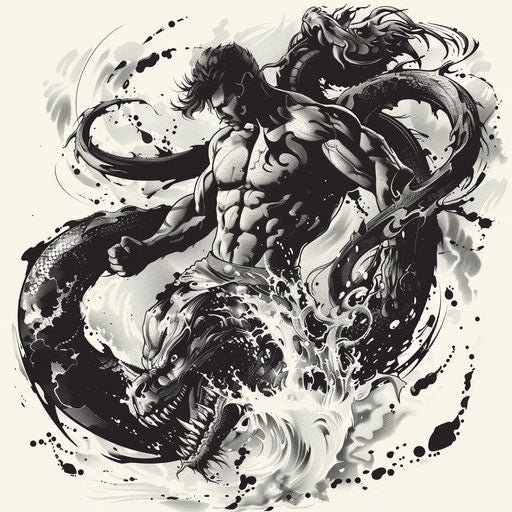 Stylized tattoo sketch of Hercules and the Hydra