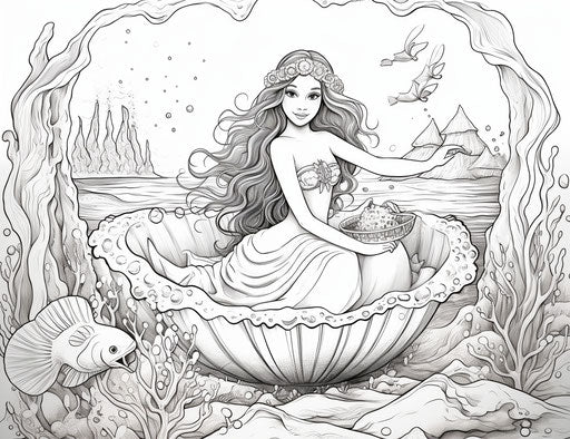 Mermaid with pearl sitting in mermaid shell coloring pages