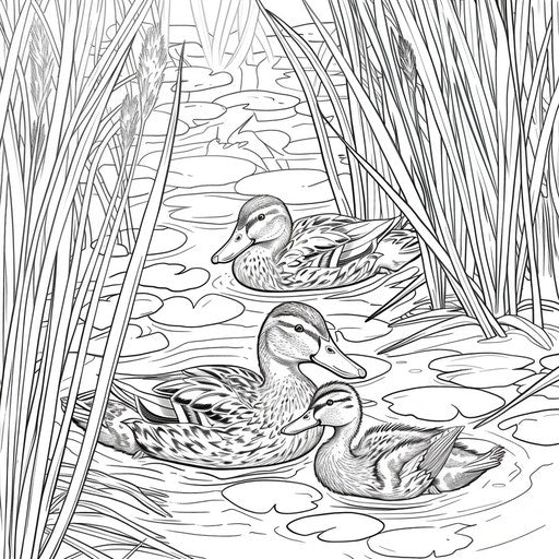 A family of ducks swimming in a pond surrounded by reeds