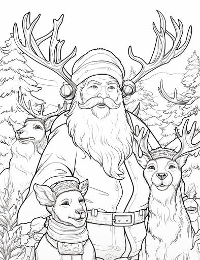Two deers and the chubby Santa coloring page, captivating, animated gifs, pretty