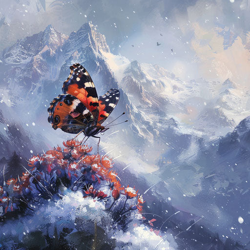 Red admiral butterfly on snow-capped mountain flower
