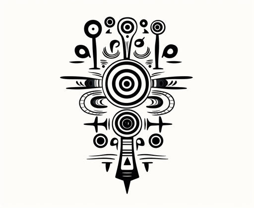 Karma symbol on white background with tribal, stipple-style, distorted and elongated forms