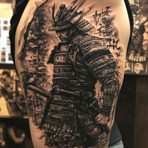 Black and grey tattoo with samurai symbols, in the style of Ami James