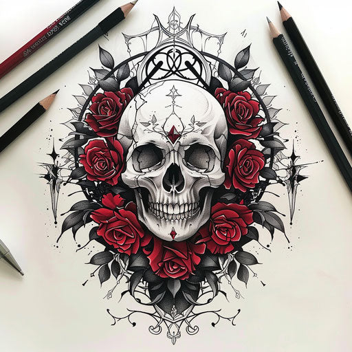 Gothic flat tattoo sketch of a skull surrounded by deep red roses