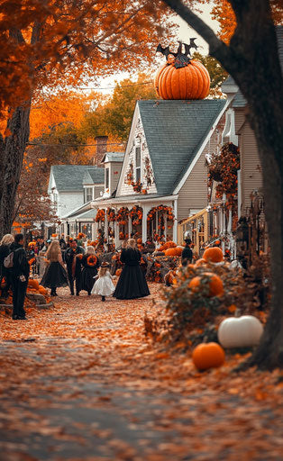 Traditional village decorated for Halloween with pumpkins and leaves