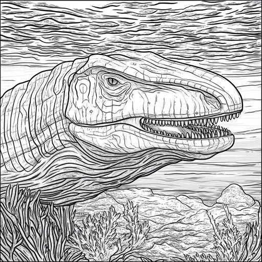 Realistic mosasaurus with fine details and shading, coloring book page