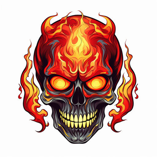 Fire skull on white background, edgy caricature style dark yellow and light red