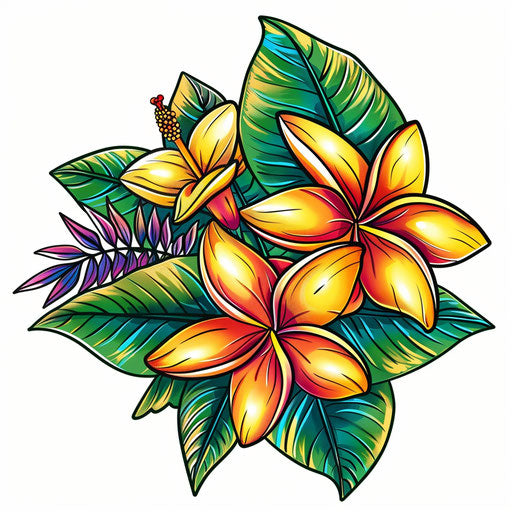 Flat tattoo sketch of plumeria with vibrant tropical colors