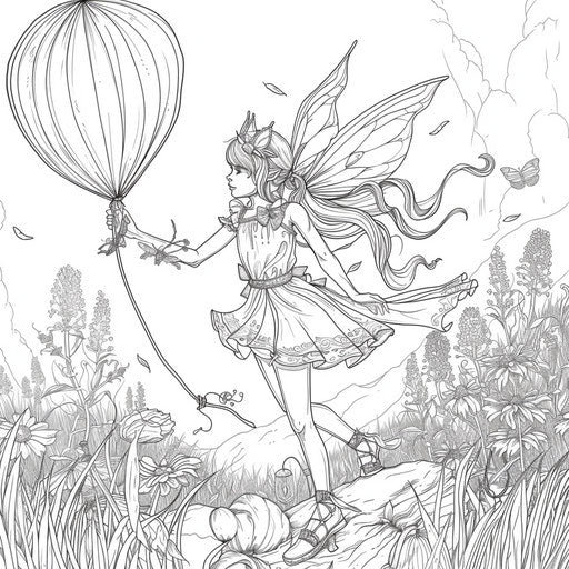 Fairy with balloon flying over meadow
