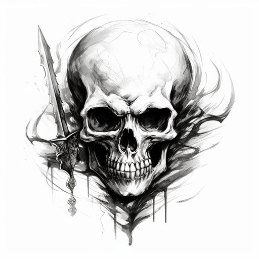 Skull with knife drawing in black and white, fantasy art style