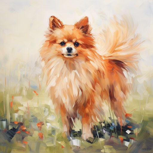Red and white pomeranian standing in grass