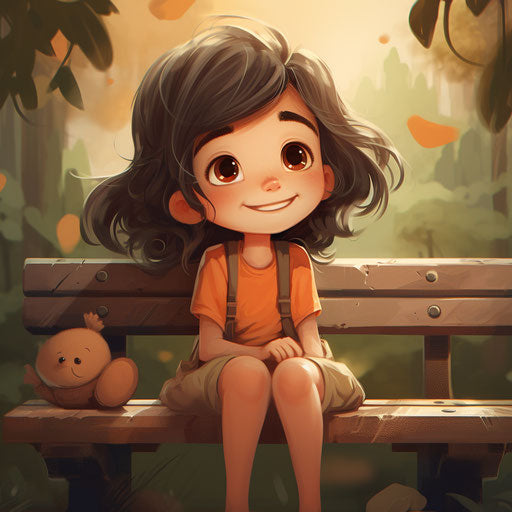 Girl in orange shirt with smiling face on bench