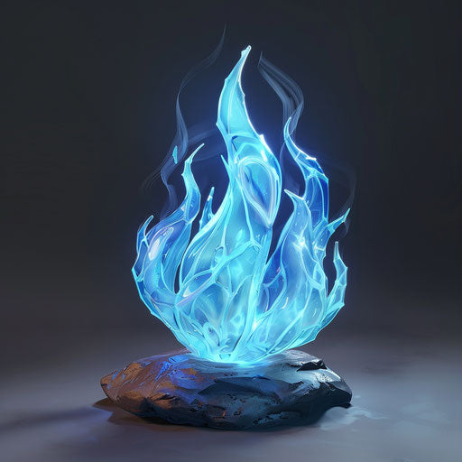 Flame symbol in blue or white, whimsical cartoon style