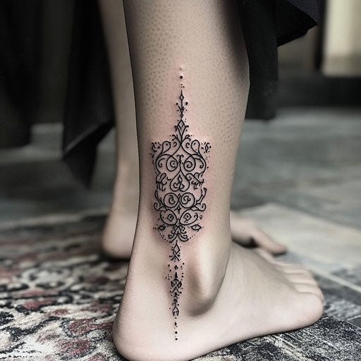 Arabic tattoo with calligraphy and floral pattern on ankle