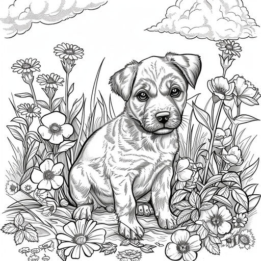Adorable puppy in a field of flowers. Coloring book page