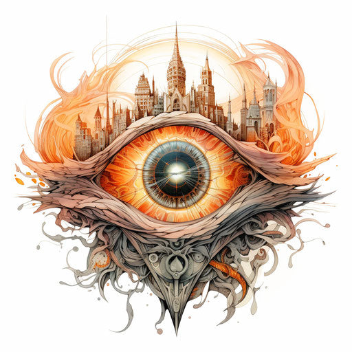 Eye of the beast, orange and gray energy, esoteric iconography
