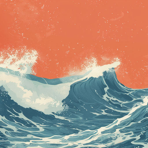 Wave drawing in photo realistic style with flat random background and delicate lines
