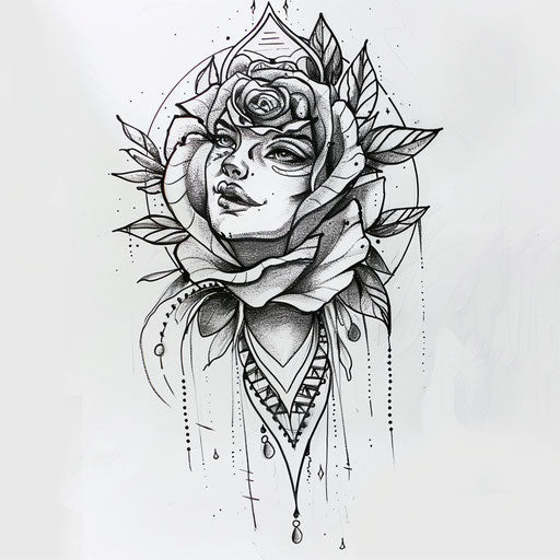 Flat tattoo sketch of a gypsy rose with bold, stencil-style and a boho chic flair