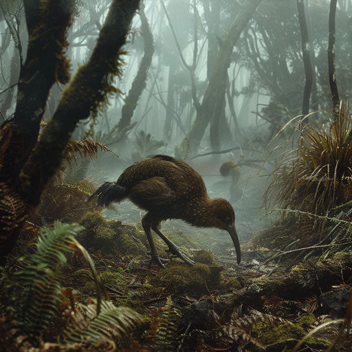 Kiwi bird navigating in a misty forest