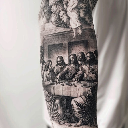Last Supper tattoo with intricate details on white