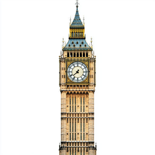 3D Big Ben in photorealistic style with flat white background, isolated clipart
