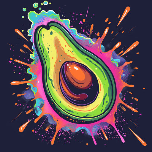 Energetic flat tattoo sketch of an avocado with neon explosion