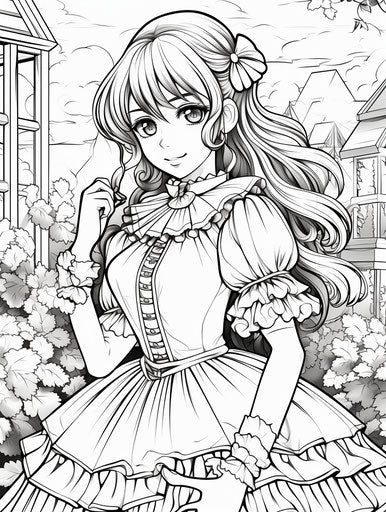 Anime girl in yellow dress coloring pages, comic art style, sōsaku hanga 3:4