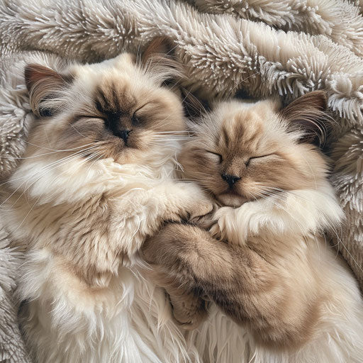 Pair of Himalayan cats napping on a plush blanket